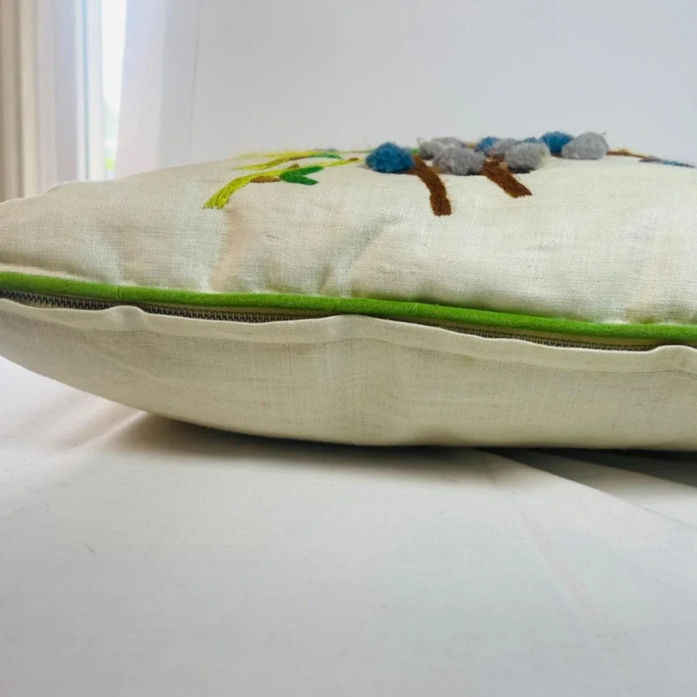 Vintage Handmade Crewel Chickadee Pillow 15x15 Forsythia Pussywillow